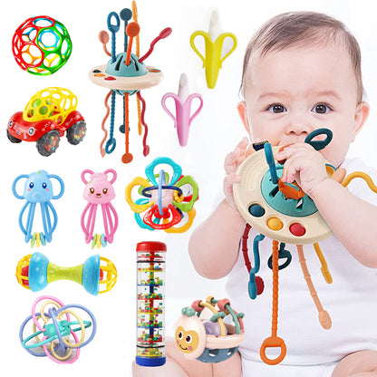 Montessori Sensory Toys for Toddlers 18M+, UFO Food Grade Silicone Push & Pull String Activity Toy, Pop it Fidget Spinner, Travel Toys for Babies, Baby Toys Fine Motor Skills Toys