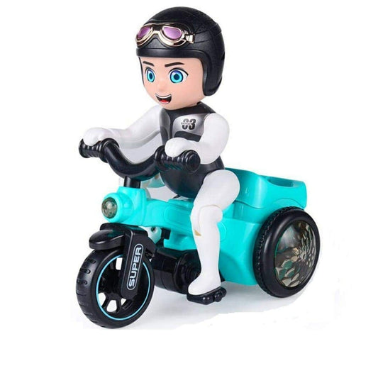 Tricycle Spot Stunt Motorcycle Bike Toy with Flashing Lights and Music Sound Automatic Riding 360 Degree Rotation Bicycle Entertainment for Kids
