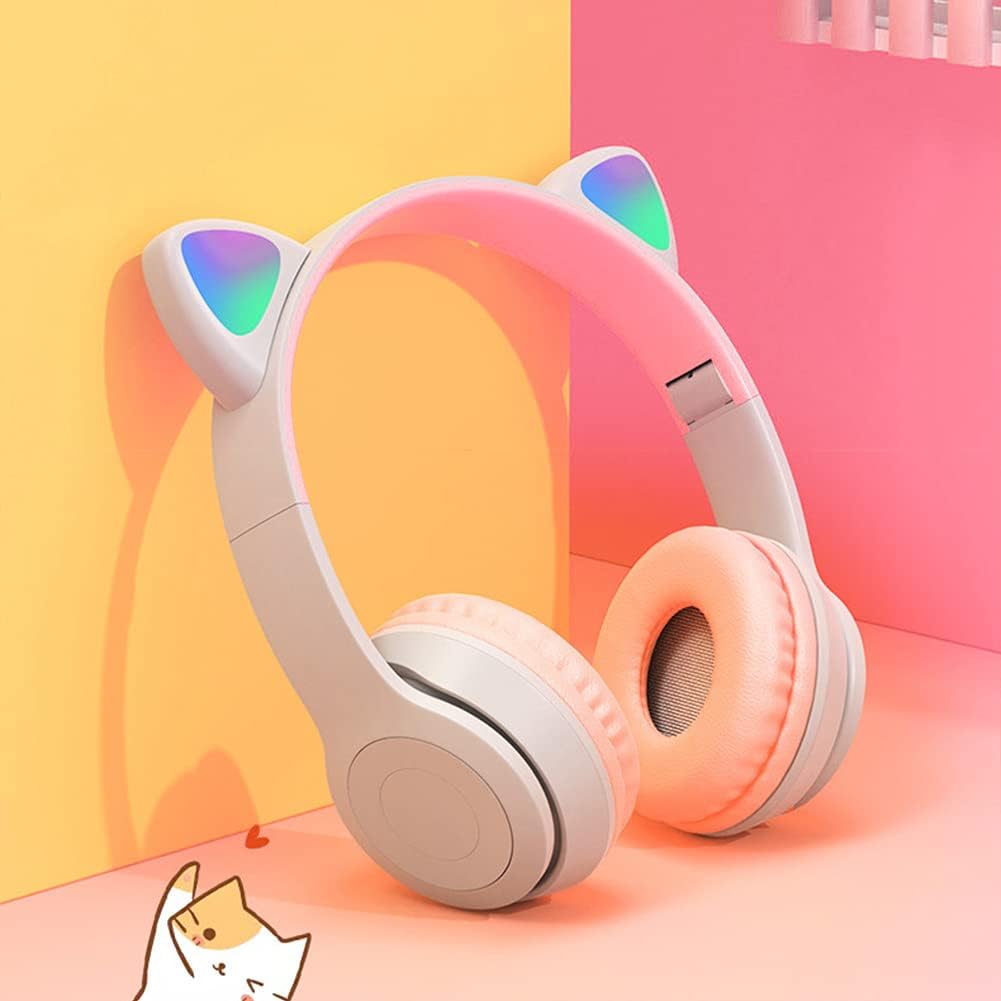 Cute Cat Ears Wireless Gaming Headset, Bluetooth 5.0 Headphones with LED Lights | Foldable, Comfortable, Adjustable Gaming Headphones for Kids Adults(Black)