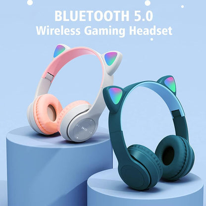 Cute Cat Ears Wireless Gaming Headset, Bluetooth 5.0 Headphones with LED Lights | Foldable, Comfortable, Adjustable Gaming Headphones for Kids Adults(Black)
