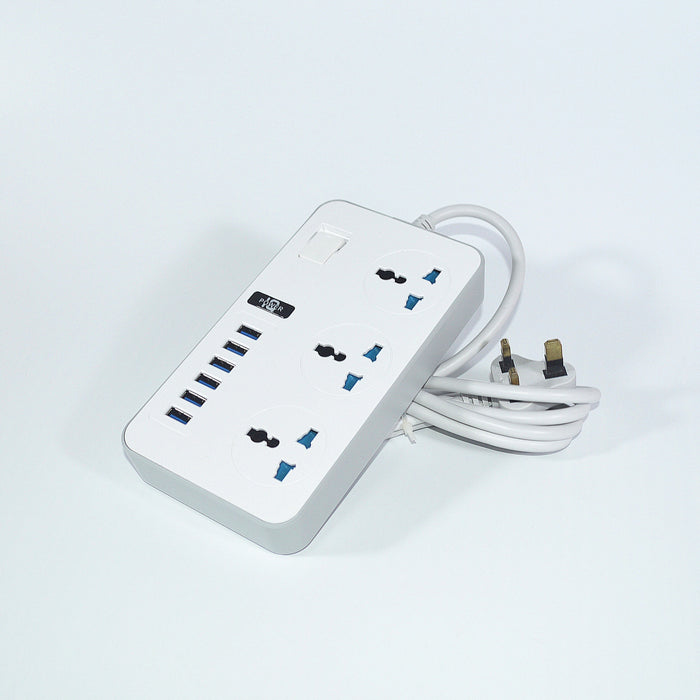 3 Socket 6 USB Port Universal Plug Extension White 150x97x30mm