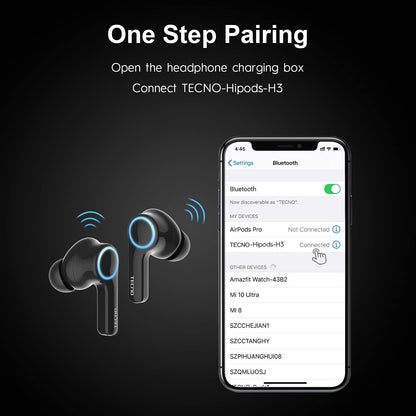 Tecno True Wireless Bluetooth Earbuds Noise Cancelling, ANC Bluetooth Headphone with Microphone and Breathing Light, USB-C Waterproof Earphones with Touch Control for Android iOS, H3 Black
