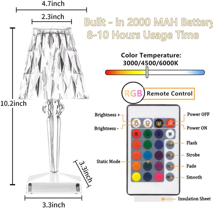 16 Color Portable Crystal Table Lamp, Touch Control Rechargeable Lamp