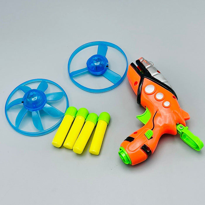 Party Time Disc Launcher Toy Set 2 Gun Launcher 3 Flying Saucer 3 Luminous Spinning Disc Toy Flying Aerial Spinning Top for Kids Party Outdoor and Indoor