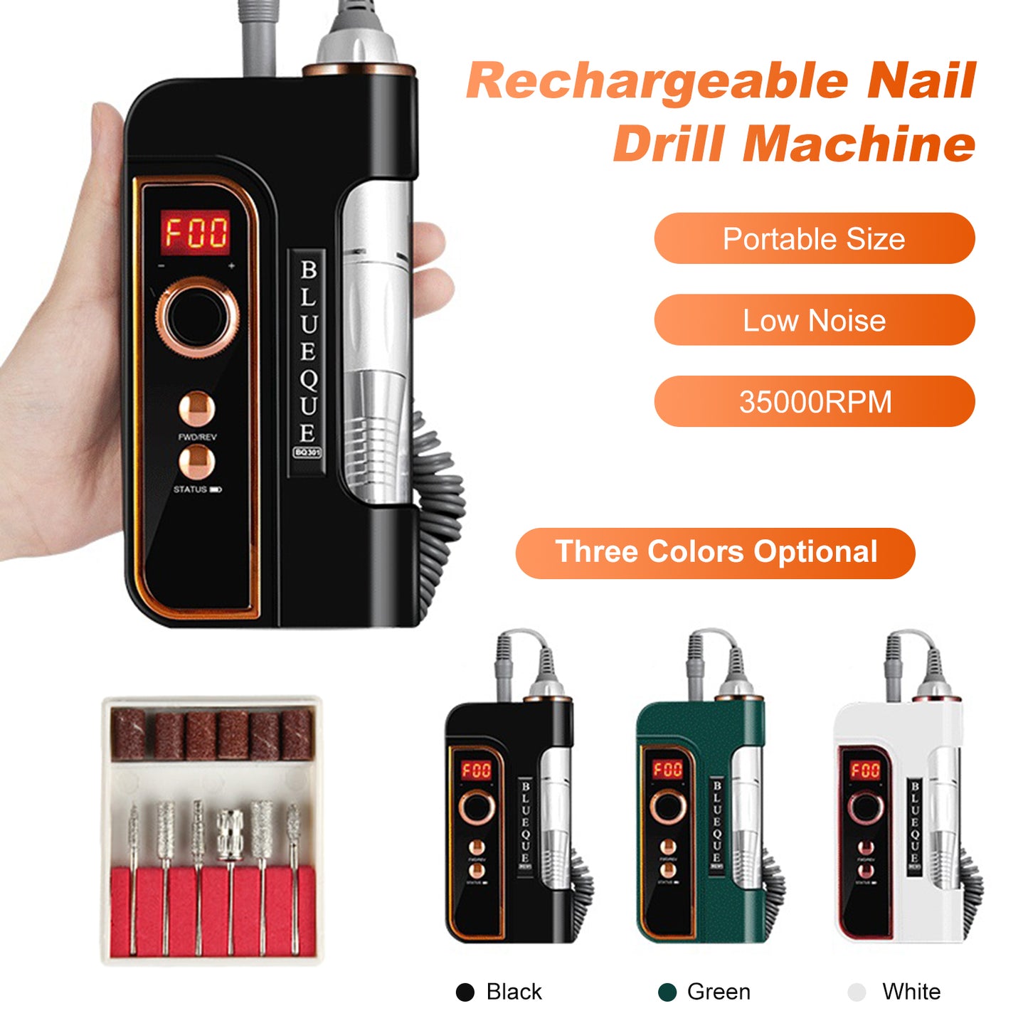 Nail Drill Machine 35000RPM Mini Rechargeable Electric Nail Polishing Tool Kit with Interchangeable Grinding Bits Nail Art Tool