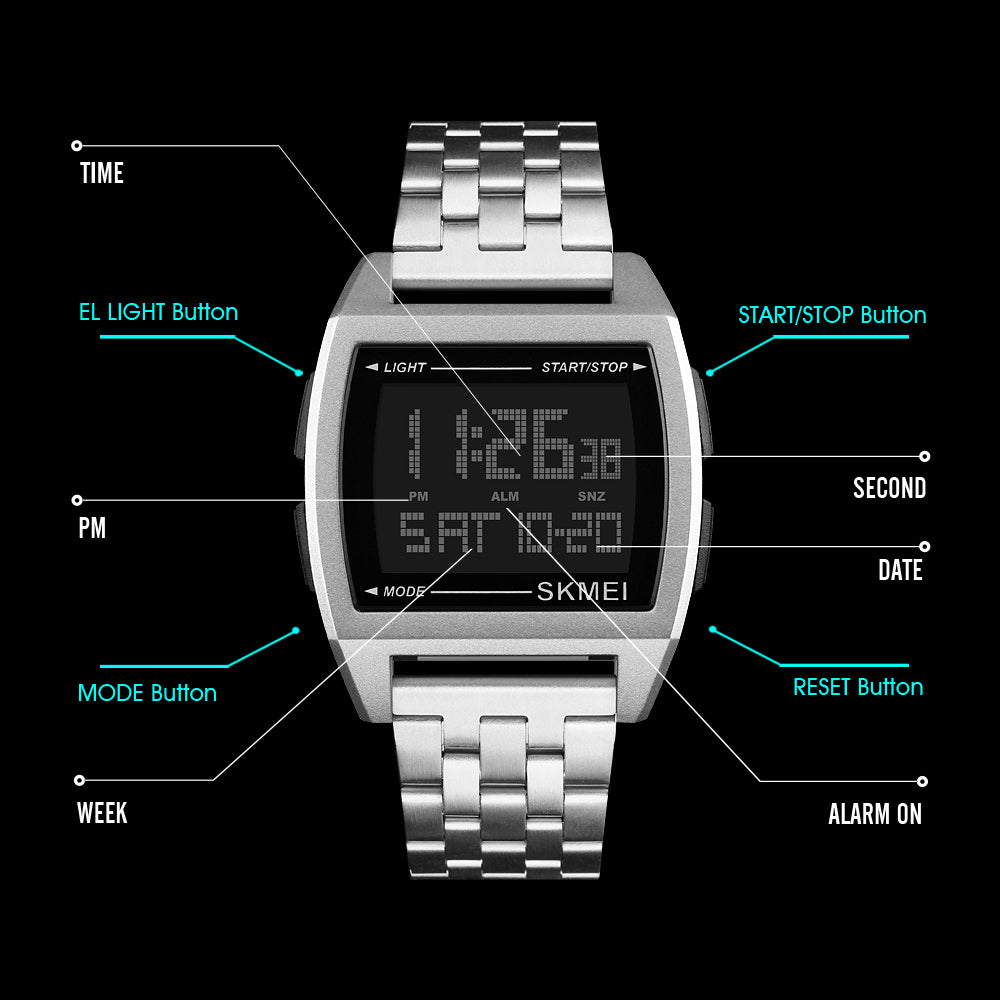Men's Stainless Steel Digital Watch 1368 - 40 mm - Silver