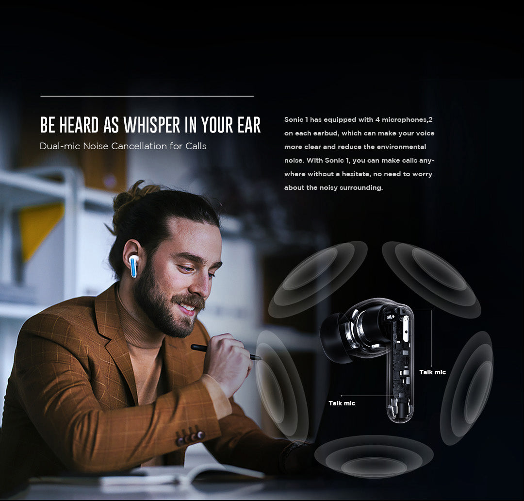 Tecno SONIC 1 True Wireless Bluetooth Earbuds Noise Cancelling, ANC Bluetooth Headphone with Microphone and Breathing Light, USB-C Waterproof Earphones with Touch Control for Android iOS, H3 Black