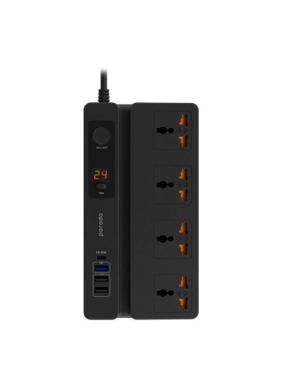 Porodo PD-FWCH007-BK Multi-Function Power Socket with Phone Stand and Digital Timer 3M Three USB-A output ports Fire-Proof Material Power Strip - Black