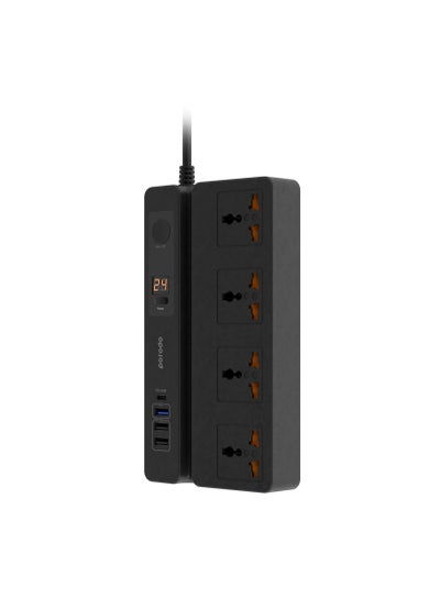 Porodo PD-FWCH007-BK Multi-Function Power Socket with Phone Stand and Digital Timer 3M Three USB-A output ports Fire-Proof Material Power Strip - Black