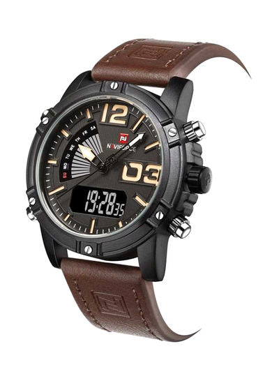 Men's Water Resistant Leather Analog & Digital Wrist Watch NF9095M - 48 mm -Brown