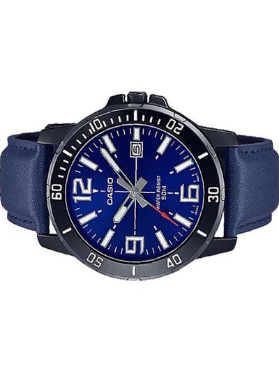 Men's Round Shape Leather Band Water Resistance Analog Wristwatch MTP-VD01BL-2BVUDF - 45 mm - Blue